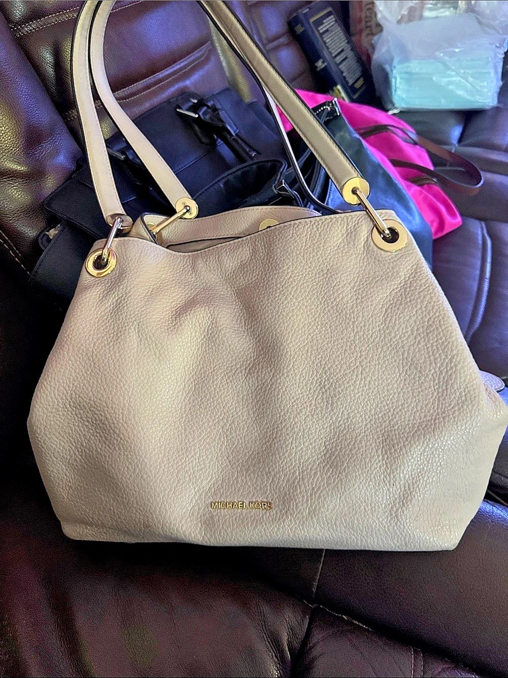 Michael Kors Lillie Large Pebbled Leather Shoulder Bag Beige